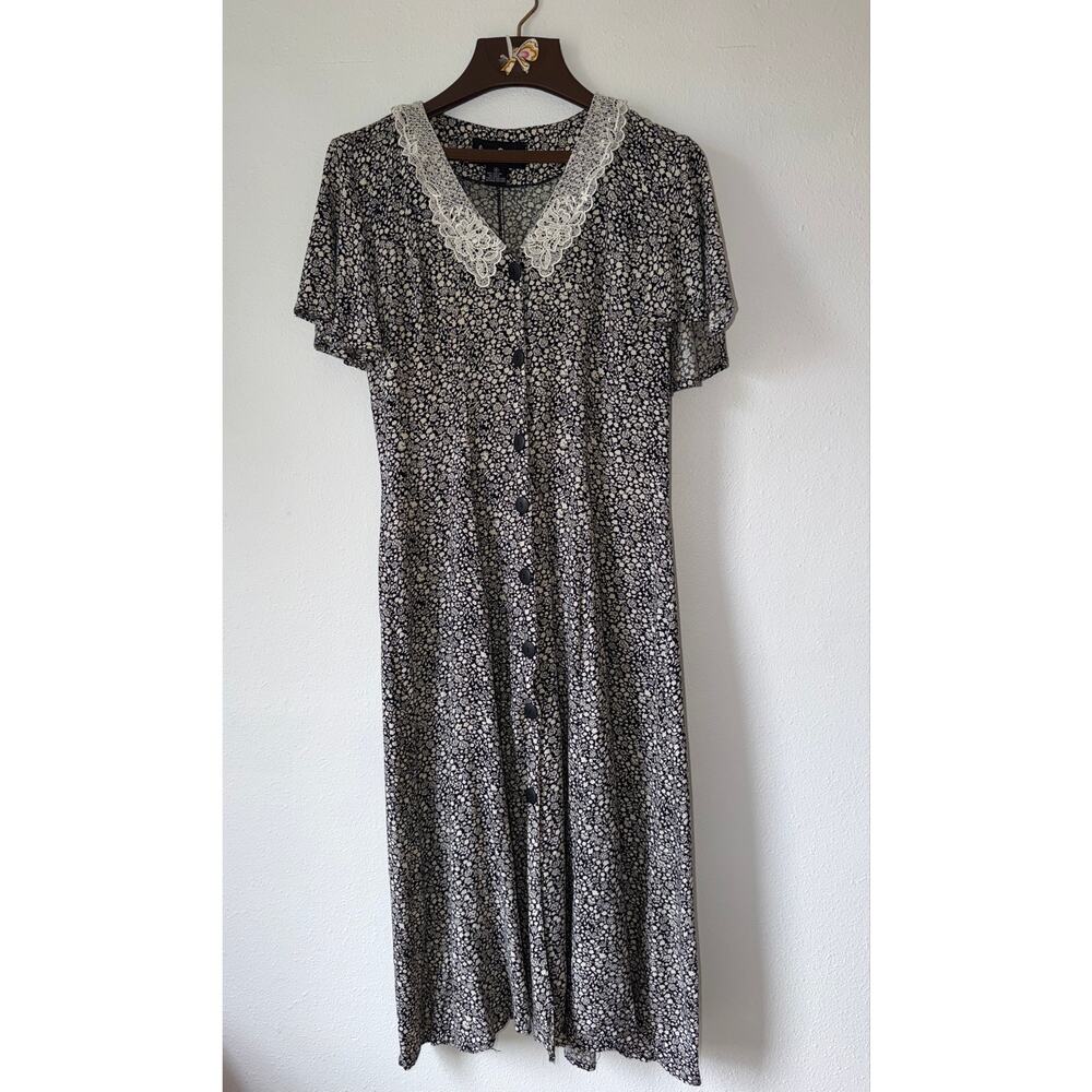 Vintage Jamie Brooke Black White Floral Lace Collar Button Up Dress Cottagecore